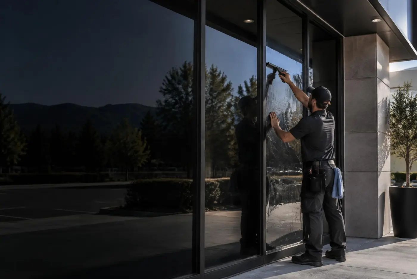 Installer applying solar control film to commercial storefront glass