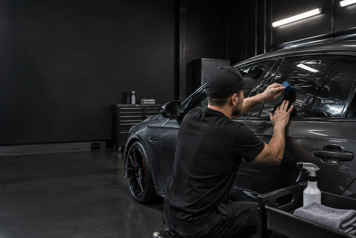 Installer carefully applying ceramic film to a sedan window